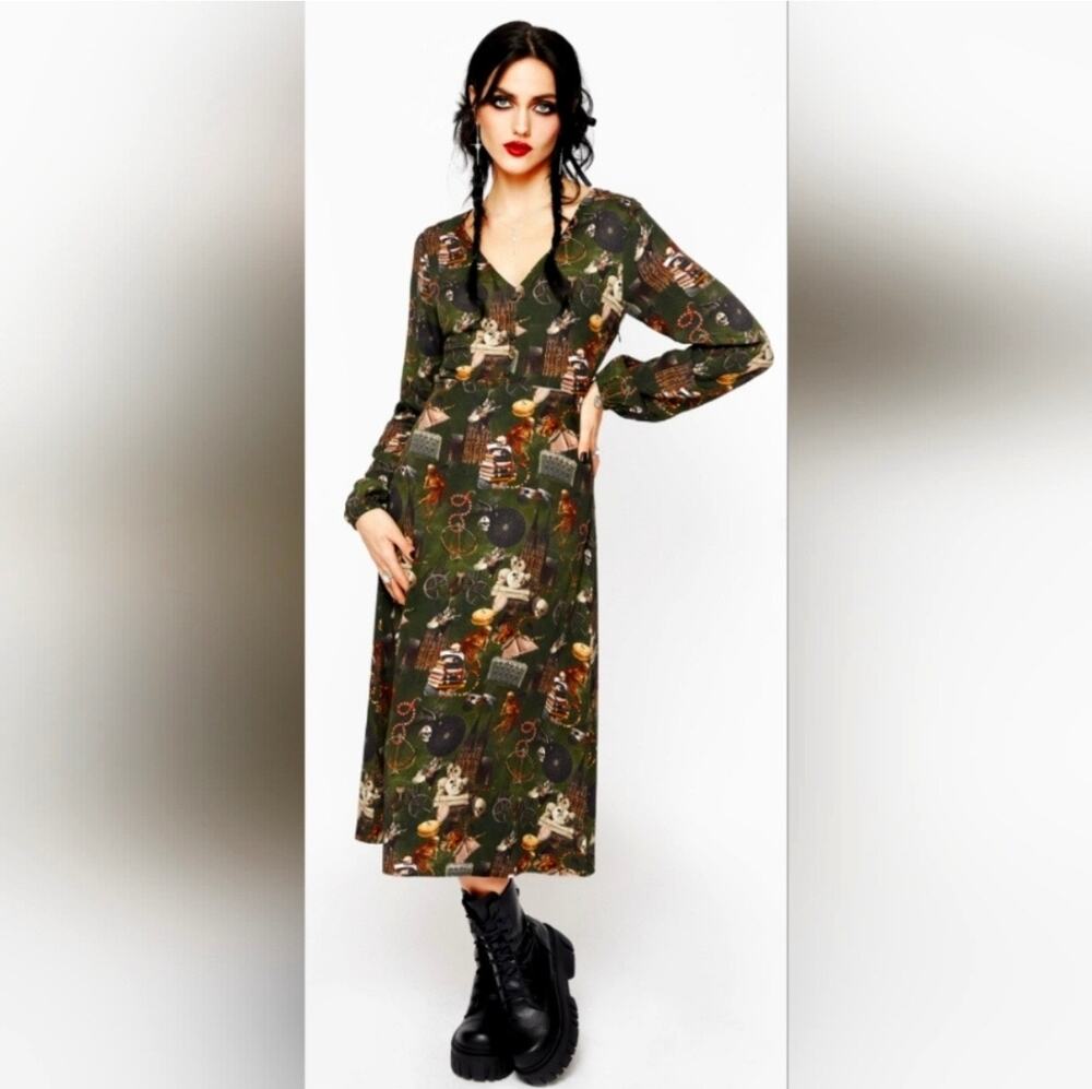 Disturbia Maleficium Midi Shirt Dress Cemetery Skull Library US 6 Dark Academia